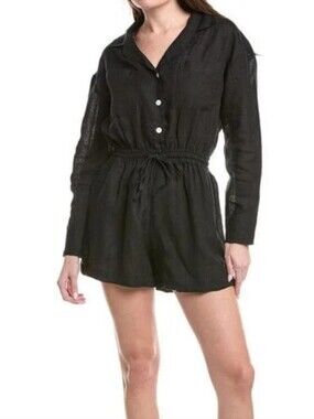 NEW Vitamin A Women's Black 100%  Linen Long-Sleeve Button Resortwear Romper S